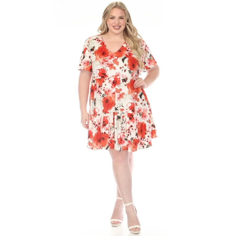 Women's Plus Size V-Neck Vintage Floral Short Sleeve Dress