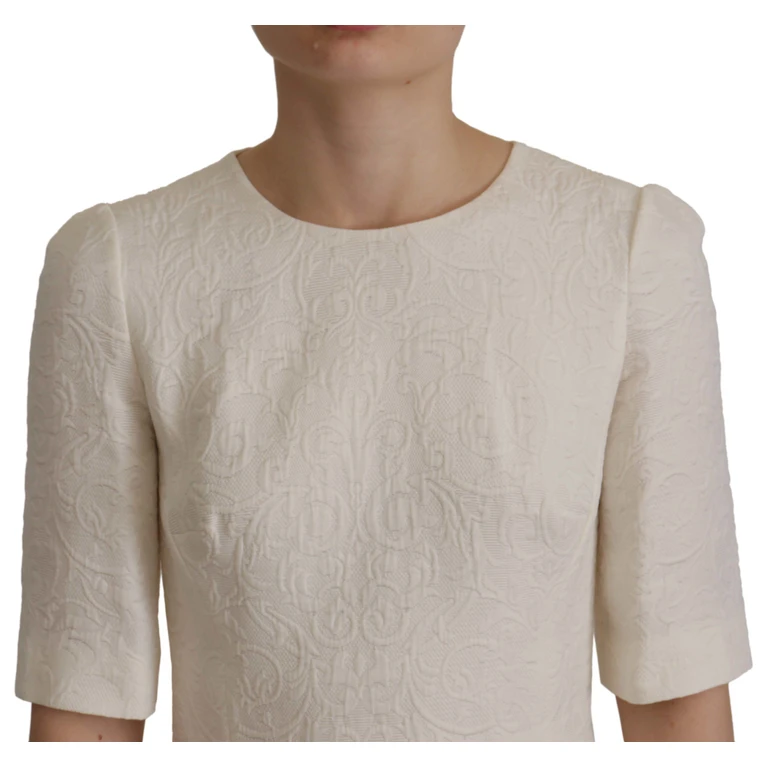 White Jaquard Midi Floral Sheath Brocade Dress Cotton - Women