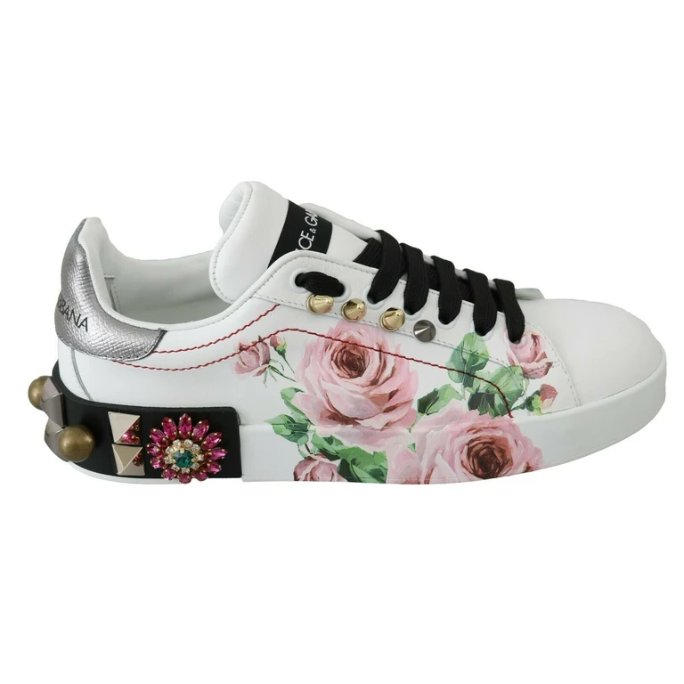 Dolce & Gabbana White Leather Crystal Roses Floral Sneakers Shoes - Women