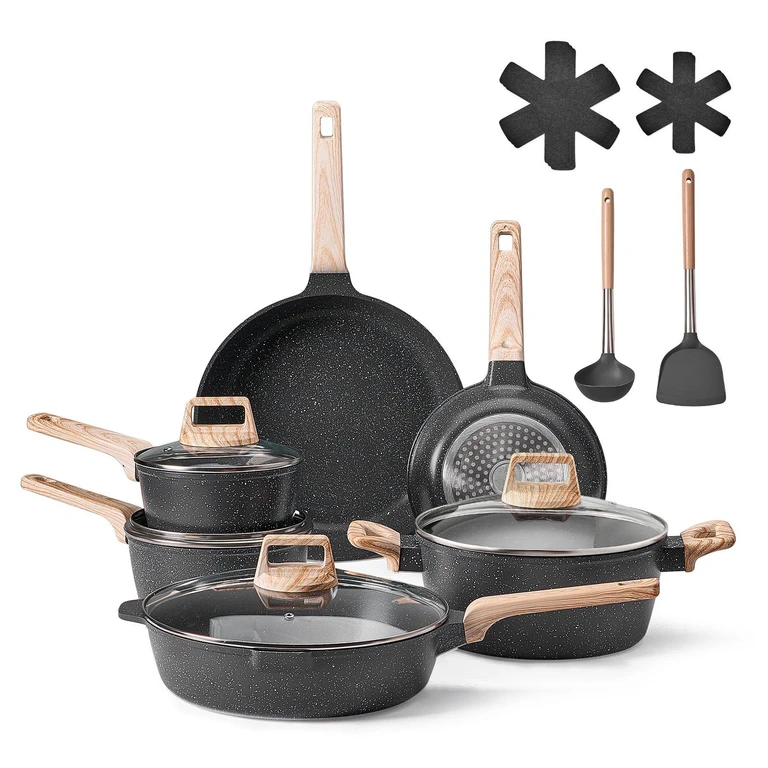 17 Piece Pots and Pans Set Granite Nonstick Kitchen Cookware Induction Black - 2