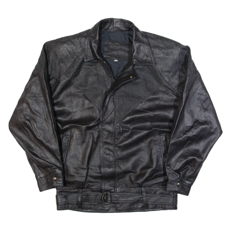 Belted Womens Biker Jacket Black Leather 90s M
