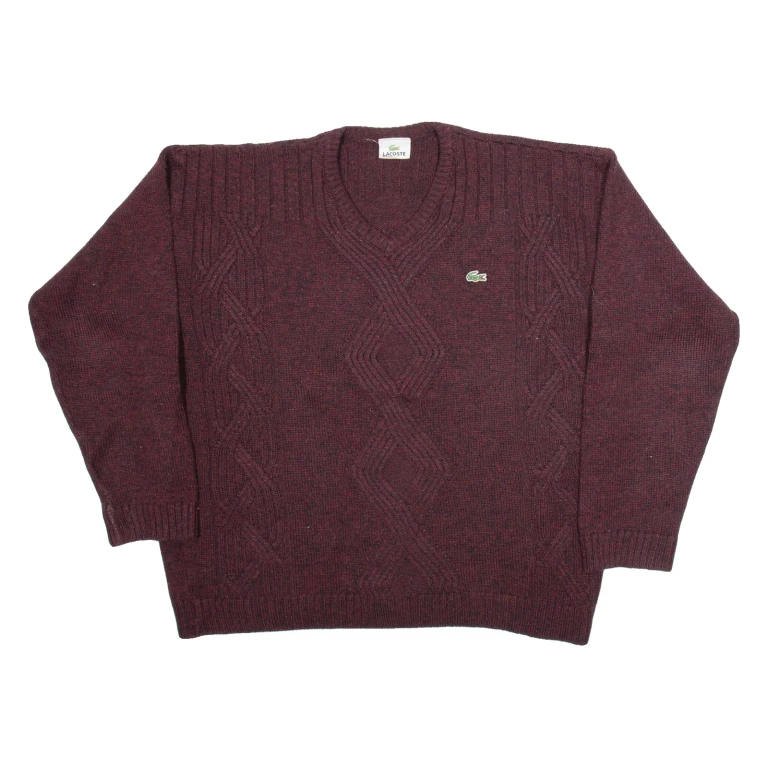 LACOSTE Womens Patterned Jumper Maroon Geometric V-Neck Tight Knit Wool XL
