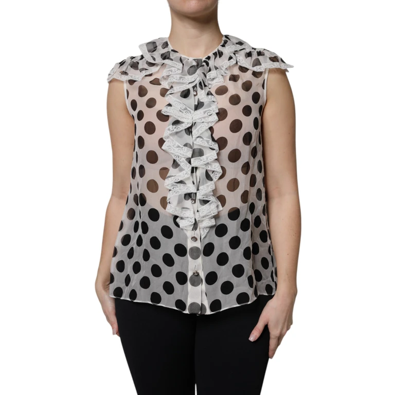White Black Polka Dot Cotton Sleeveless Top And Silk Nylon - Women