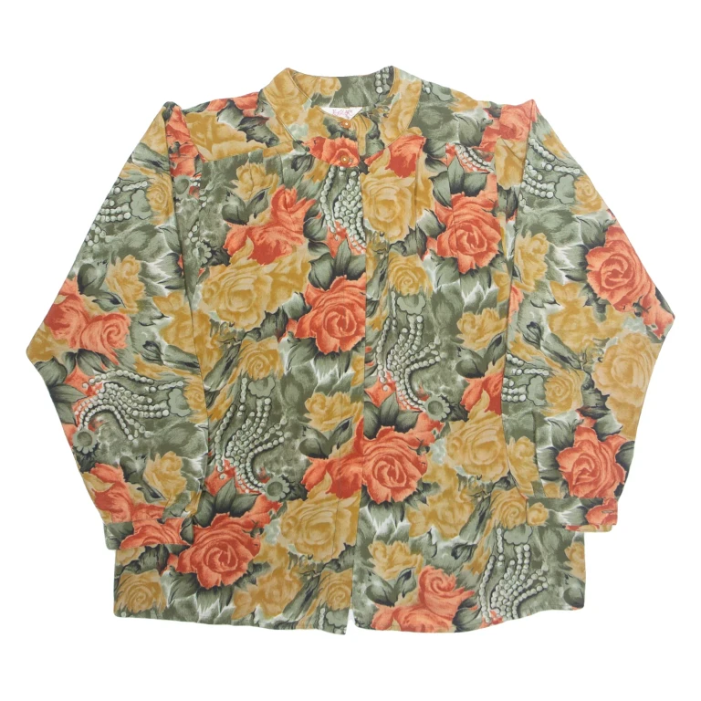Womens Printed Blouse Green High Neck Long Sleeve Floral L
