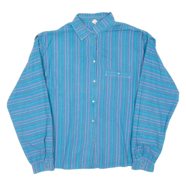 Popper Buttons Womens Shirt Blue Striped Long Sleeve M