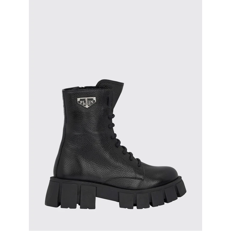 Lace-Up Combat Boots in Grained Leather with Lug Sole and Heel (UAESWSE0980PLE010N02)