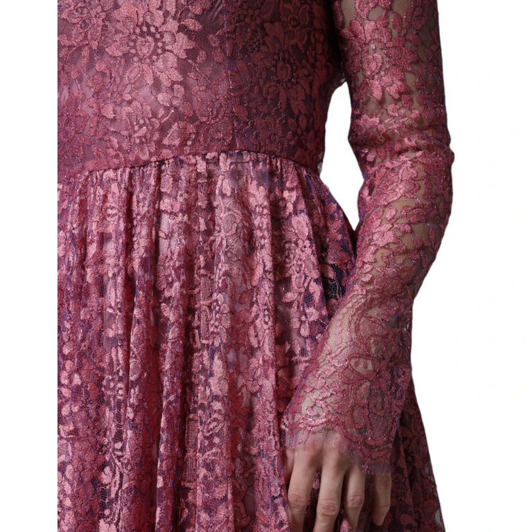 Dolce & Gabbana Pink Floral Lace Long Sleeve Midi Dress - Women