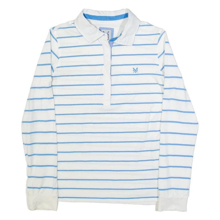 CREW CLOTHING Womens Polo Shirt White Striped Long Sleeve UK 12