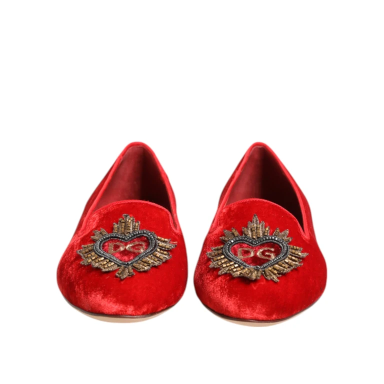 Dolce & Gabbana Red Velvet Dg Heart Loafers Flats Shoes Viscose Silk - Women