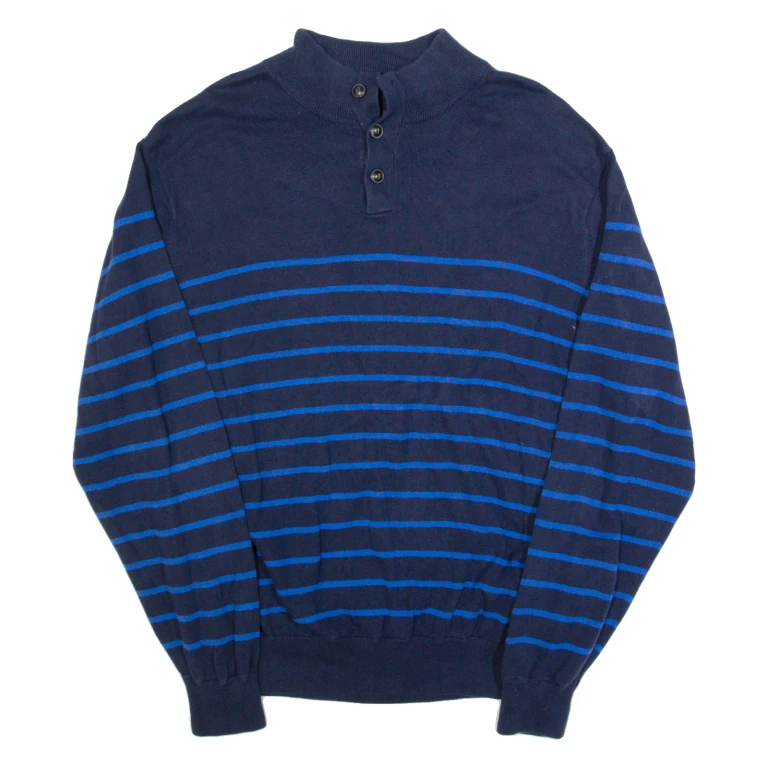 CHAPS Mens Patterned Jumper Blue Striped Button Neck Tight Knit XL