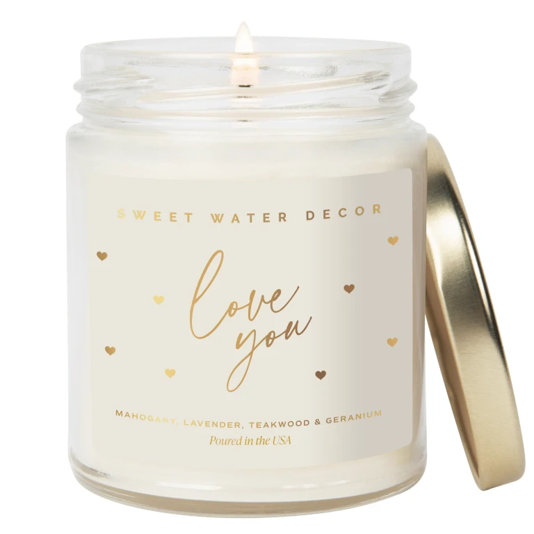 Love You Soy Candle Patterned - Clear Jar - 9 oz (Driftwood and Mahogany)