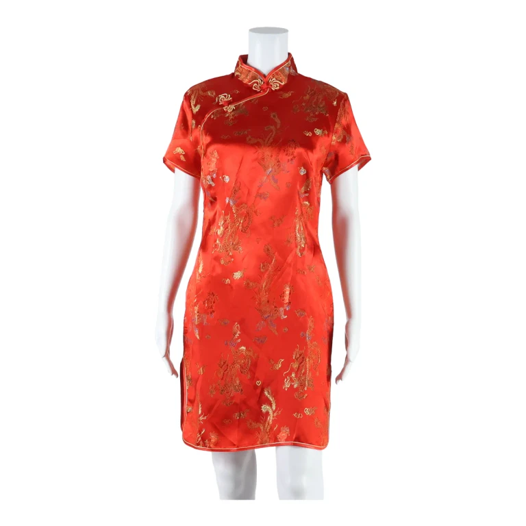 JIN YUE FU SHI Side Slits Dragons Womens Pencil Dress Red Floral Short S