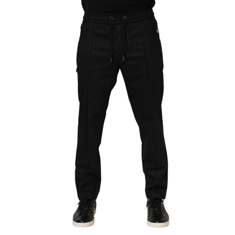 Black Striped Wool Men Jogger Pants Cotton Spandex Nylon - Men