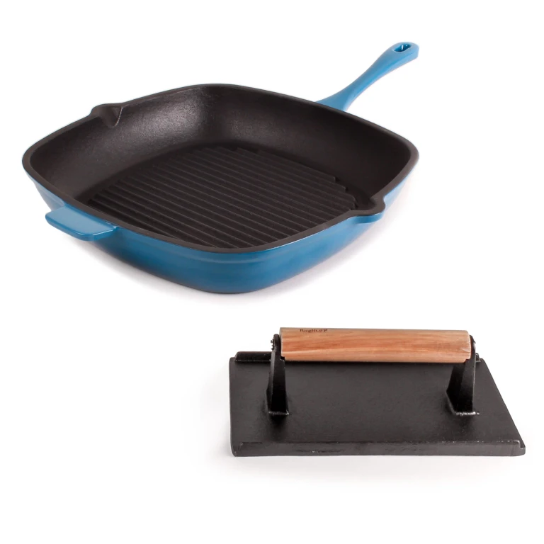 Neo 2pc Cast Iron 11" Grill Pan with Steak Press, Blue