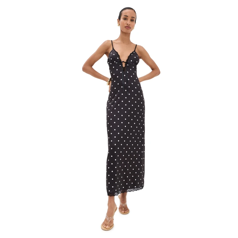 Runaway the Label Emily Lace Trim Camisole Midi Dress Black/White Polka M