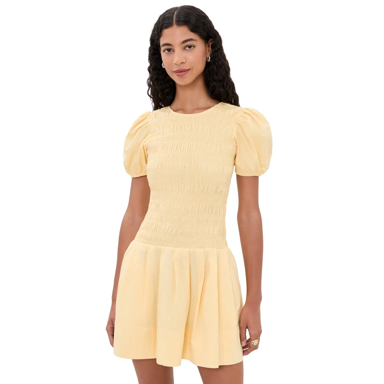 Cotton Mini Smocked Pleated Dress Italian Straw 36