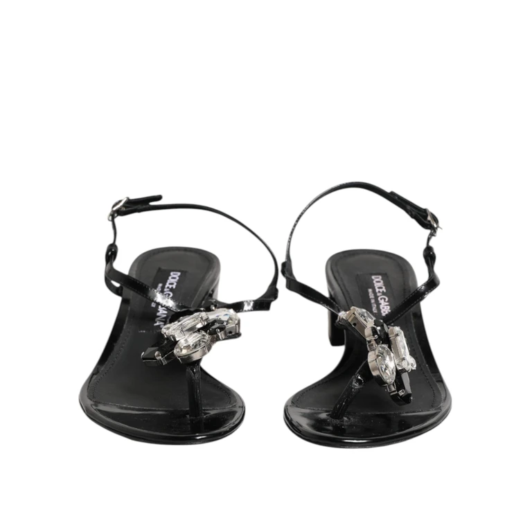 Dolce & Gabbana Black Leather Crystal Ankle Strap Sandals Shoes - Women