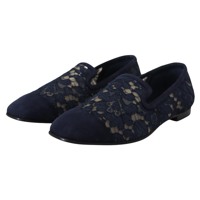 Dolce & Gabbana Blue Floral Lace Slip Ons Loafers Flats Shoes Cotton - Women