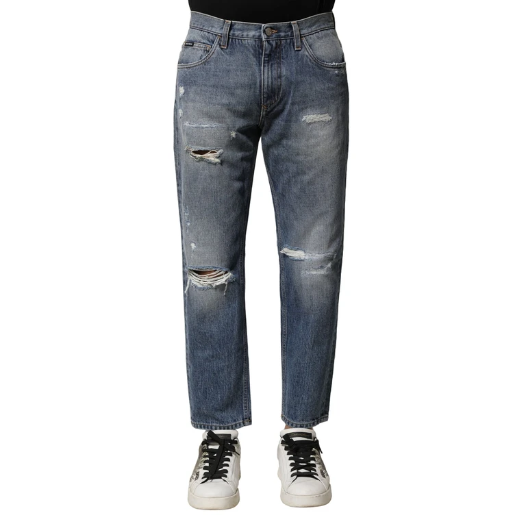 Dolce & Gabbana Blue Washed Tattered Straight Fit Denim Jeans Cotton Clothing - Men