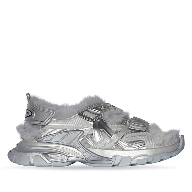 Balenciaga Mens Track Silver Metallic / Grey Faux Fur Sandal