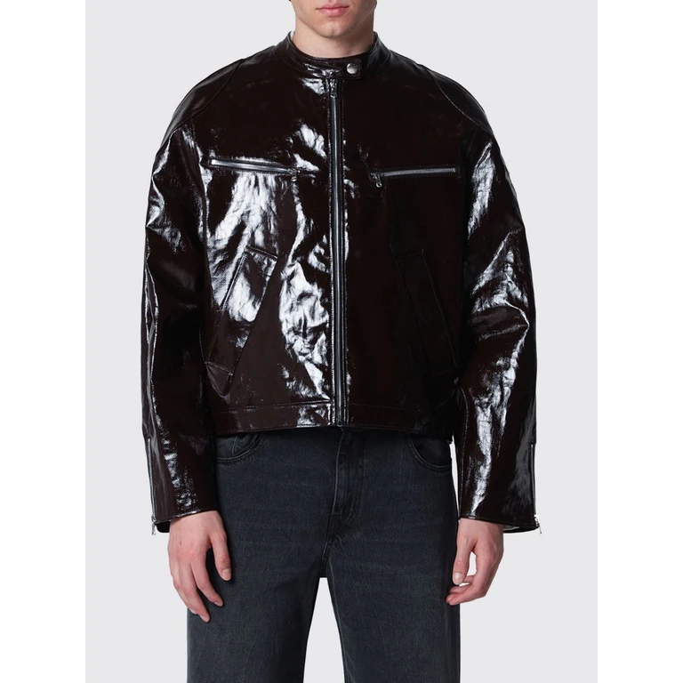 Relaxed Fit Leather Bomber Jacket with Biker Collar and Dropped Shoulders (MSS26RISTRETTOLAM)