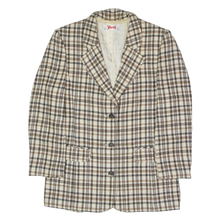 YARELL Womens Blazer Jacket Cream Knit Wool 80s Check UK 14