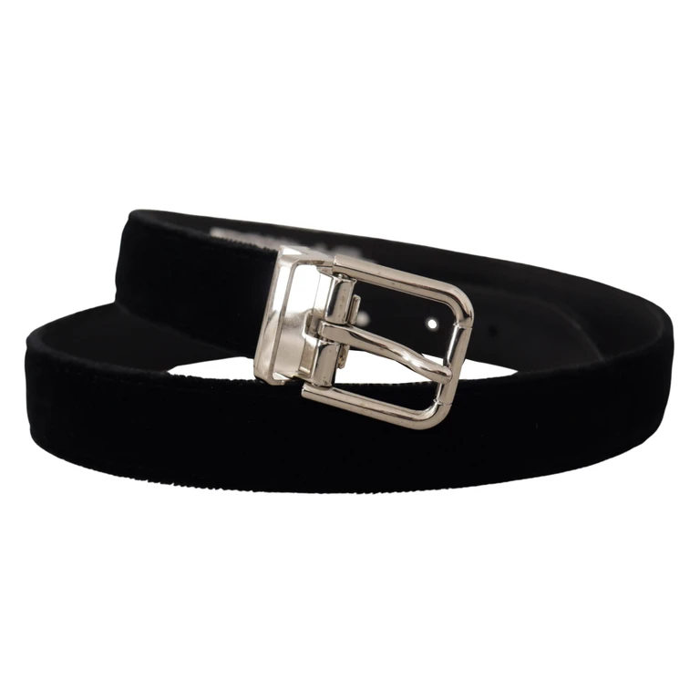 Dolce & Gabbana Black Velvet Silver Tone Metal Logo Buckle Belt Grosgrain - Men