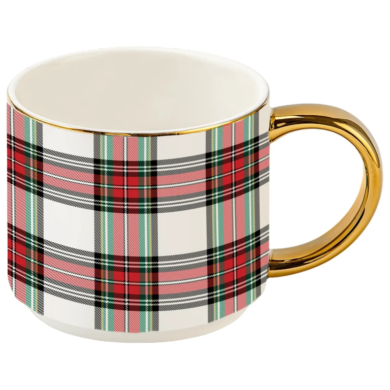 White Plaid 14 oz Gold Handle Coffee Mug