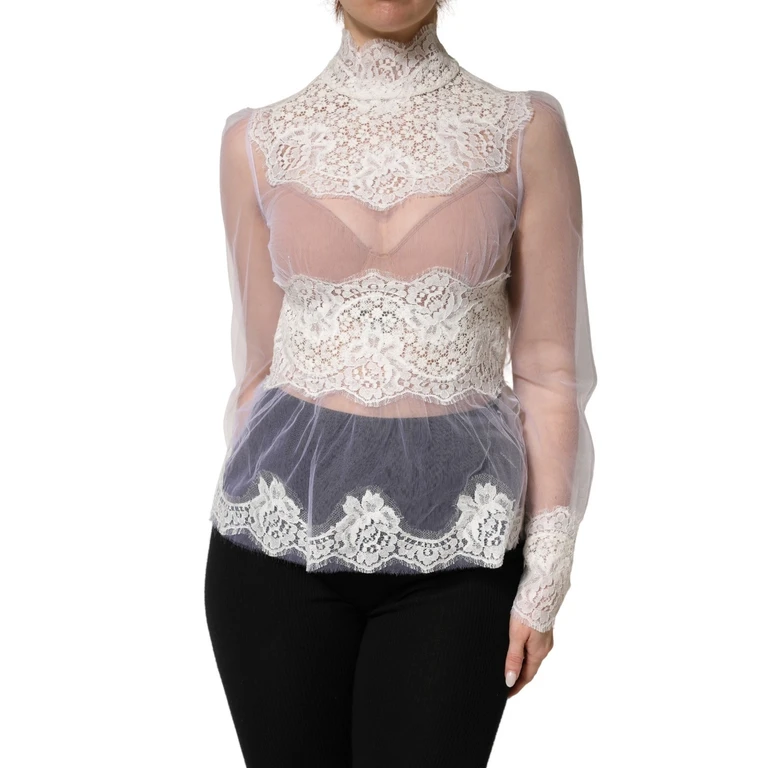 Dolce & Gabbana White Nylon Lace Tulle Sheer Long Sleeve Top - Women