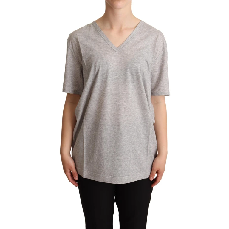 Dolce & Gabbana Gray Solid Cotton V-Neck Top T-Shirt - Women