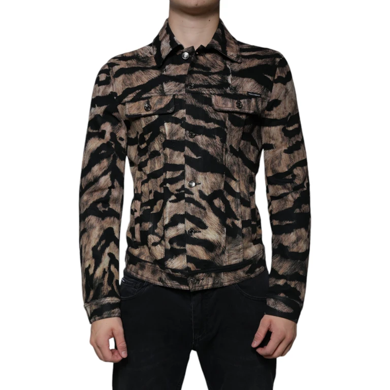 Brown Tiger Button Down Collared Jacket Black And Cotton Elastane Clothing - Men