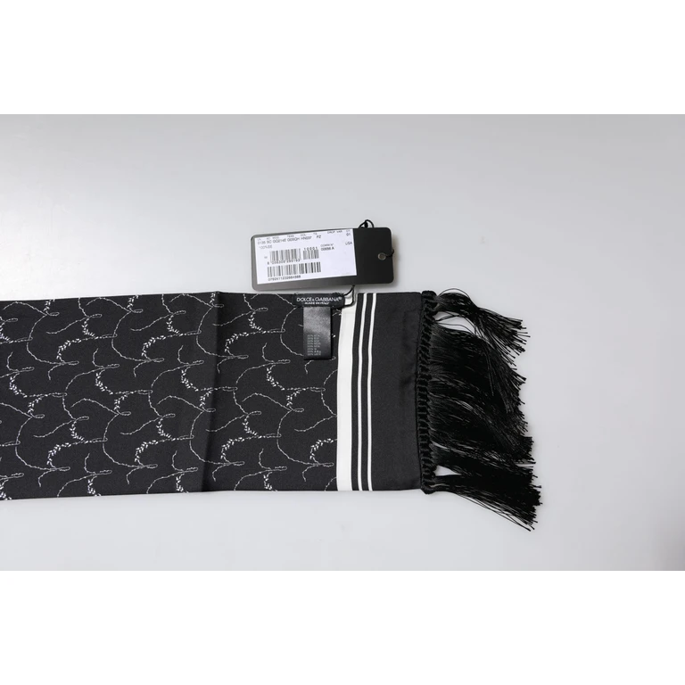 Dolce & Gabbana Black Patterned Skinny Fringes Shawl Scarf Silk - Men