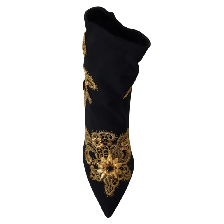 Dolce & Gabbana Black Gold Embroidery Crystal Boots Shoes - Women