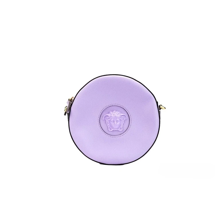 Versace Round Disco Lilac Pebbled Leather Camera Case Crossbody Bag Purse Gold - Women
