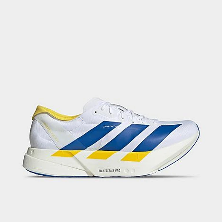 adidas Men's Adios Pro 4 Running Shoes in Cloud White/Blue/Yellow Size: 7.5