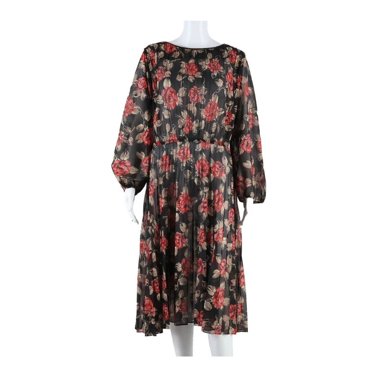 Pleated Womens A-Line Dress Black Floral Long Sleeve Long S