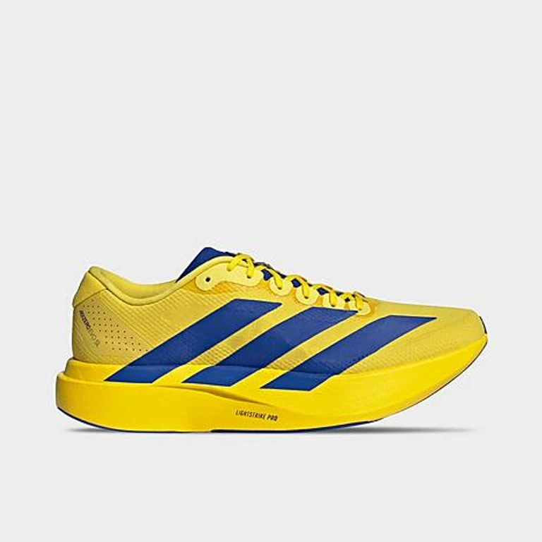 adidas Men's Adizero EVO SL Woven Running Shoes in Yellow/Royal Blue/Iron Metallic Size: 7.5