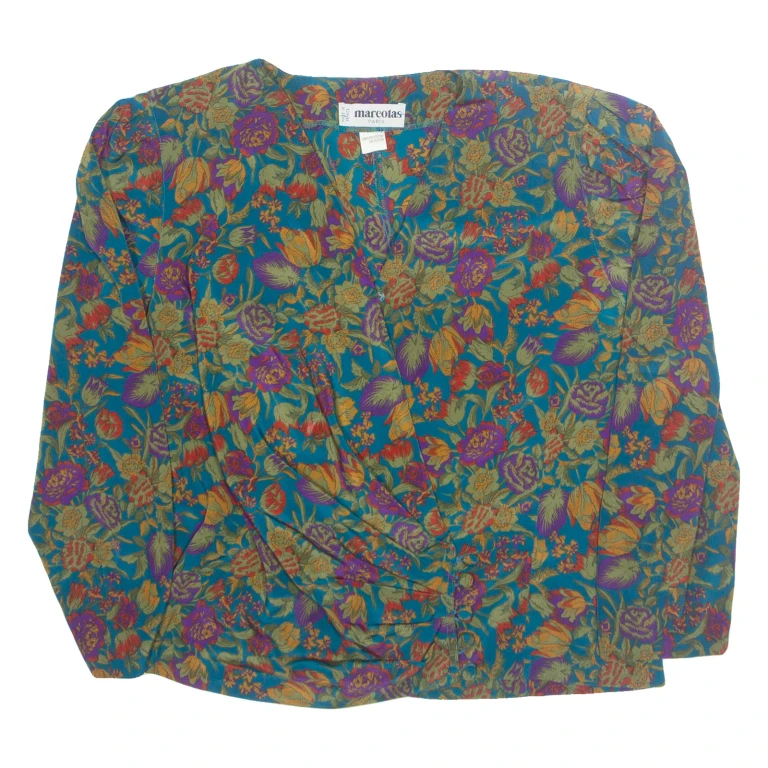 MARCOLAS Womens Printed Blouse Blue V-Neck 3/4 Sleeve 90s Floral M