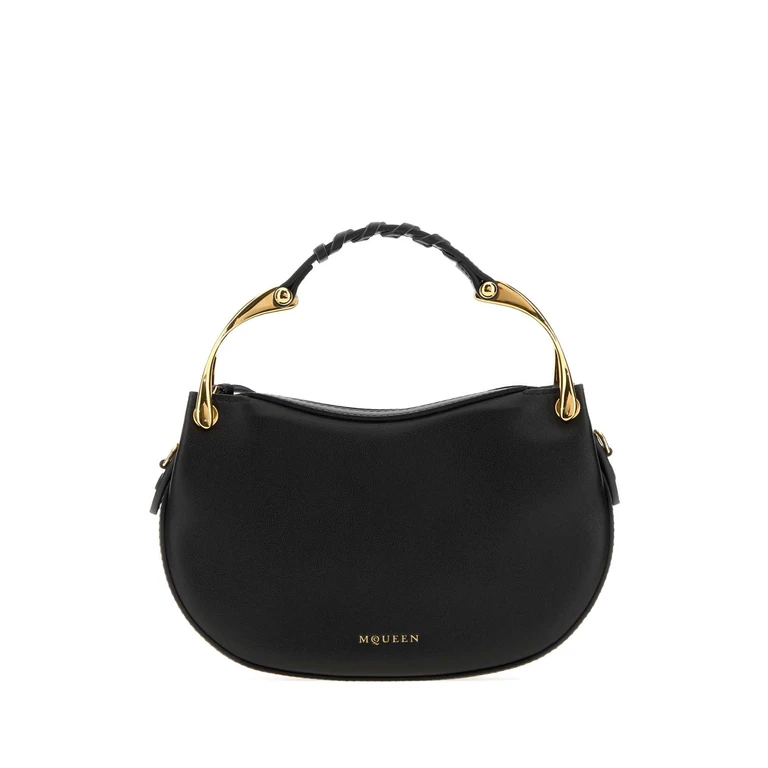 Alexander McQueen Black Leather Mini Wishbone Handbag Blackgold Borse A Mano - Women