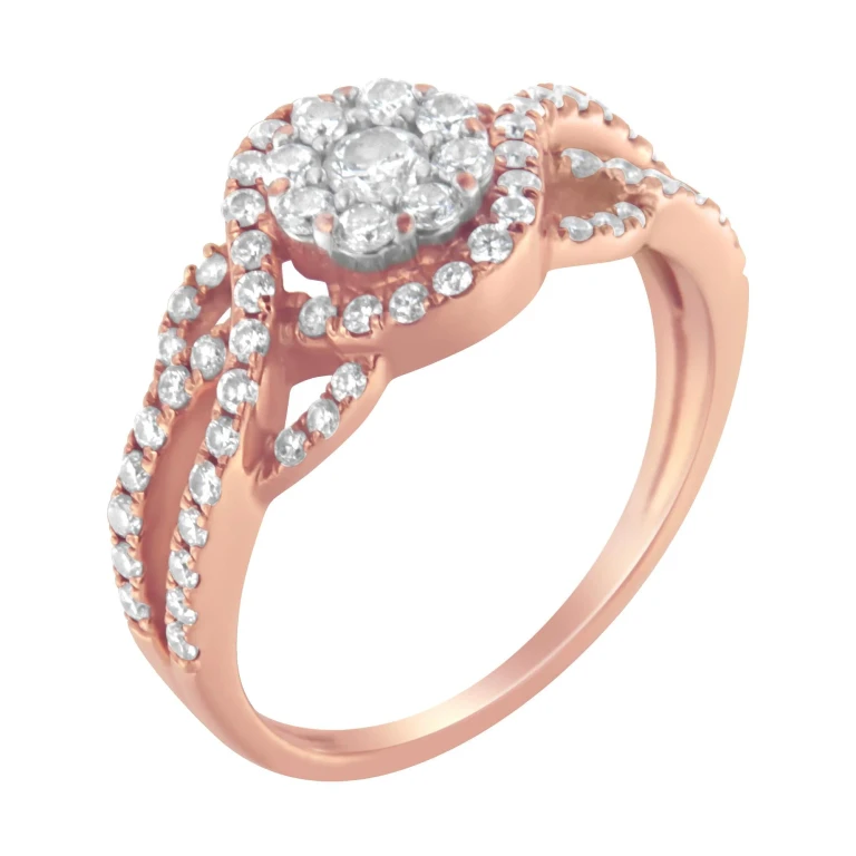 10K Rose Gold 3/4 Cttw Diamond Floral Cluster Head and Twisted Shank Cocktail Ring (H-I Color, SI1-SI2 Clarity)
