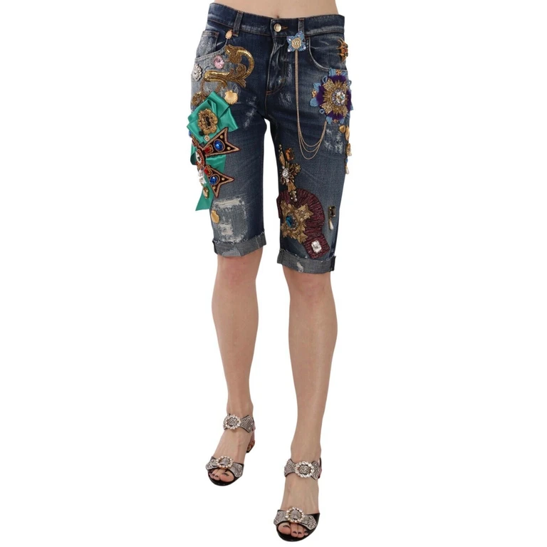 Dolce & Gabbana Blue Denim Mid Waist Crystal Capri Shorts Cotton - Women