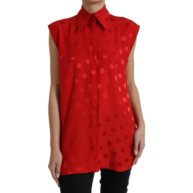 Dolce & Gabbana Red Polka Dot Sleeveless Collared Blouse Top Silk - Women