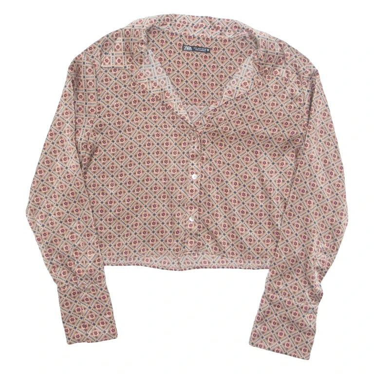 ZARA Cropped Womens Printed Shirt Beige Collared Long Sleeve Floral S