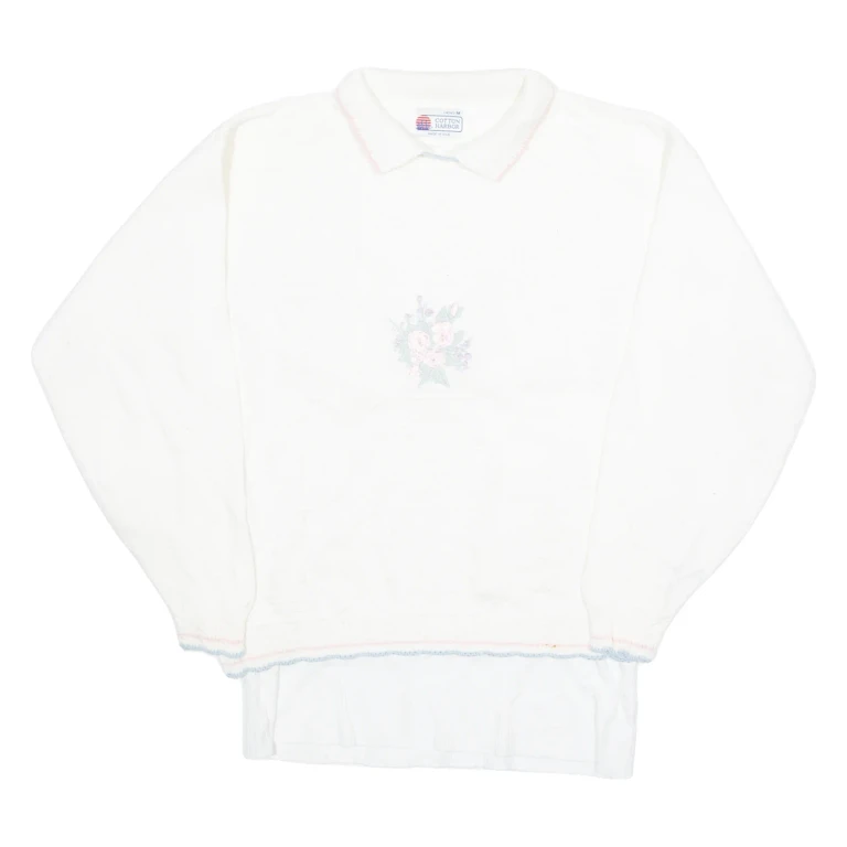 COTTON HARBOUR Womens Jumper Cream Floral Collared 90s Tight Knit M
