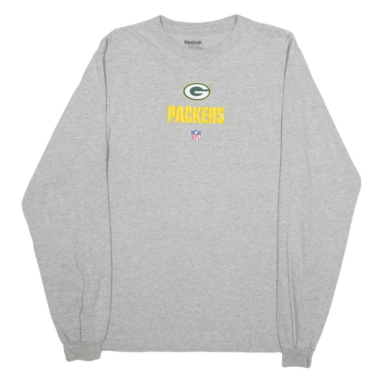 REEBOK NFL Green Bay Packers Mens T-Shirt Grey Long Sleeve USA M