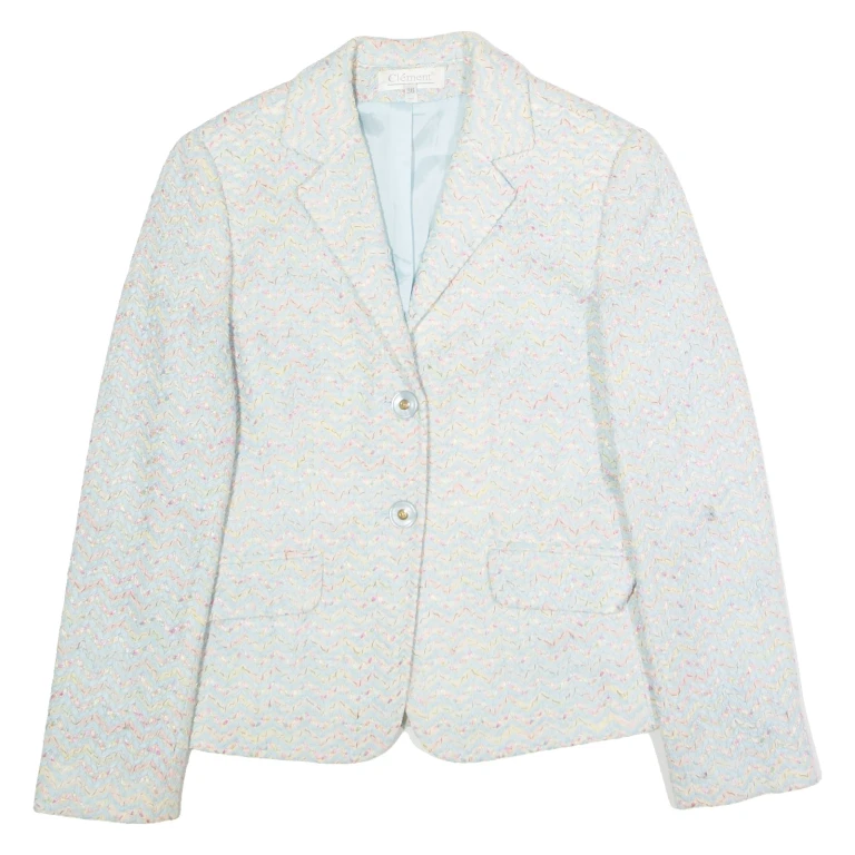 CLEMENT Womens Blazer Jacket Blue Knit Wool 90s Chevron UK 8