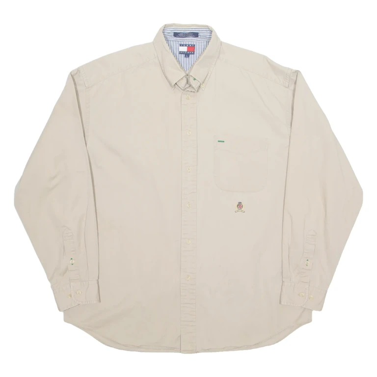 TOMMY HILFIGER Oversized Mens Plain Shirt Beige Long Sleeve L