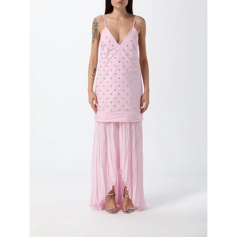 MSGM Pleated Cotton Long Evening Gown with V-Neck and Embroidery (4042MDA26PX267112PINK)