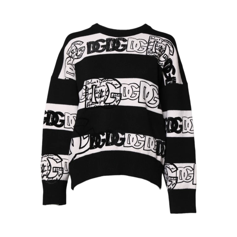 Dolce & Gabbana Black White Logo Print Wool Pullover Sweater And Cashmere Clothing - Women