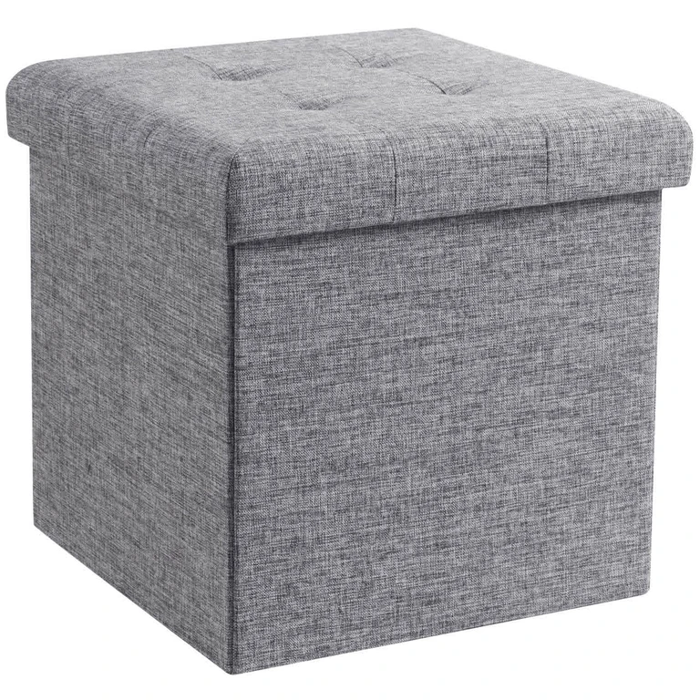 Foldable Tufted Linen Square Cube Storage Ottoman, Perfect for Dorm, Bedroom and Living Room